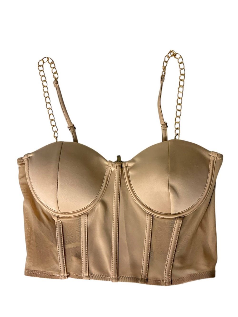 Say What | LIKE NEW Beige satin and mesh corset bustier top chain straps small